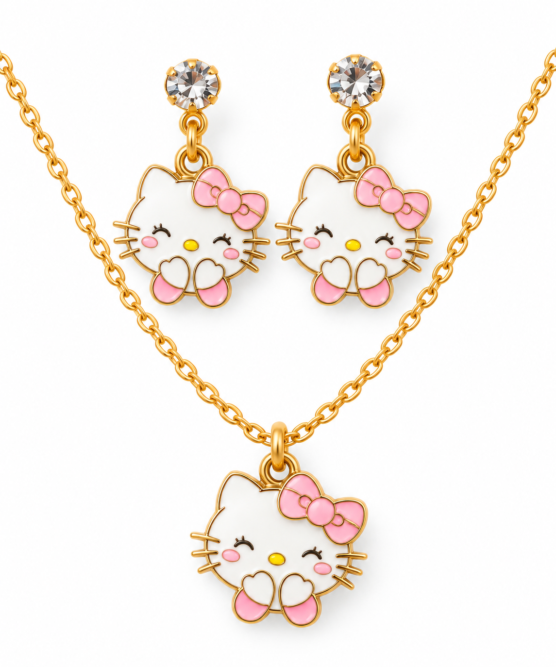 Parure Bijoux Hello Kitty Rose – Collier et Boucles d’Oreilles Dorés 🎀💗