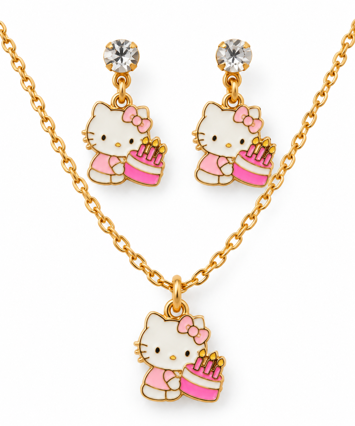 Parure Bijoux Hello Kitty avec Gâteau Rose – Collier et Boucles d’Oreilles Dorés 🎂💗
