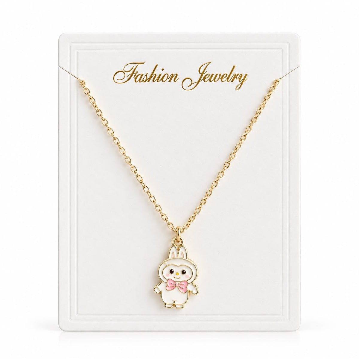 Collier Doré Kawaii avec Pendentif Lapin Blanc et Nœud Rose