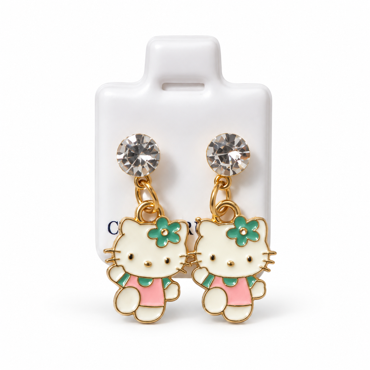 Boucles d’Oreilles Hello Kitty Dorées avec Strass et Fleur Turquoise