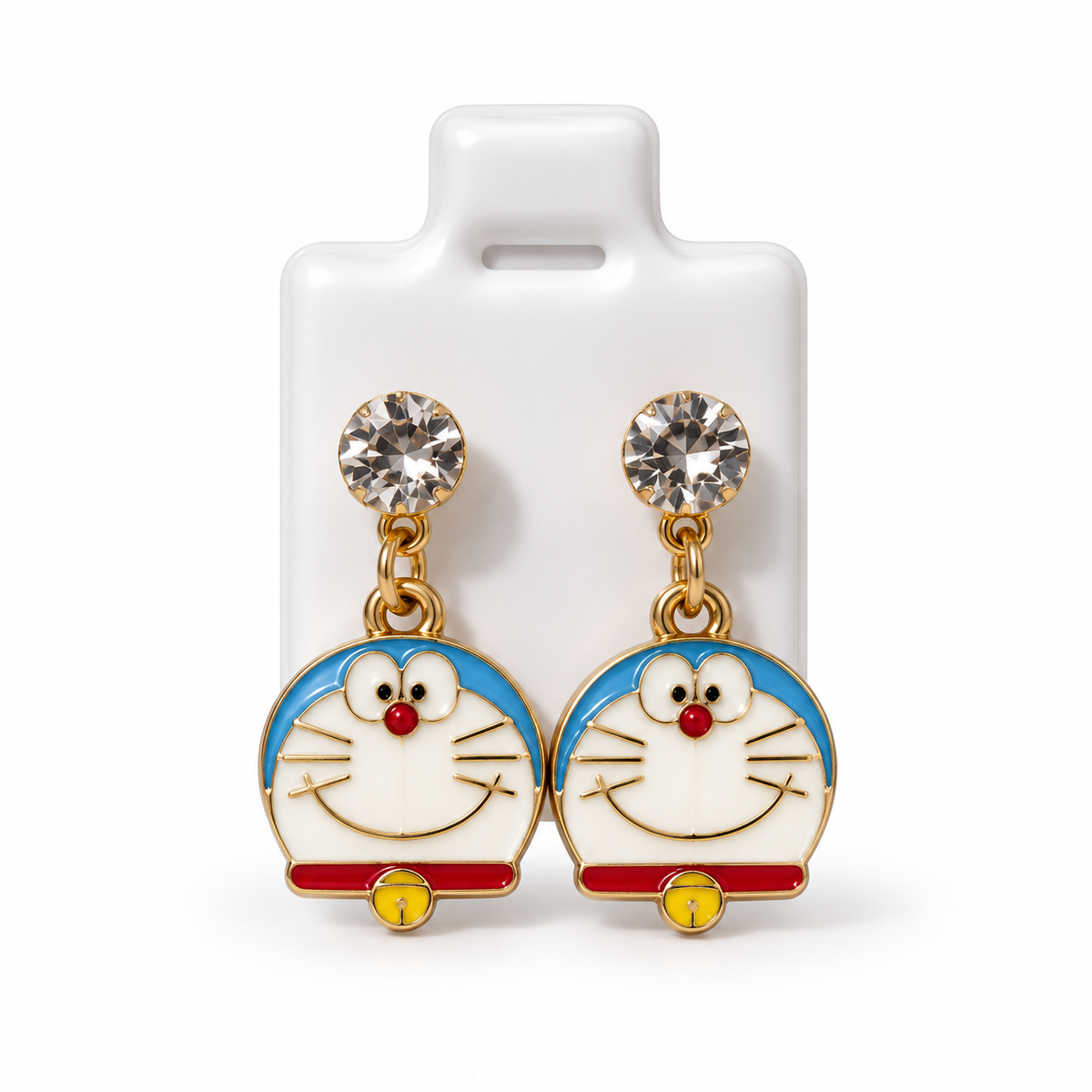 Boucles d’Oreilles Doraemon Dorées avec Strass – Style Kawaii