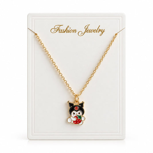 Collier Doré Kuromi avec Pendentif Kawaii Rouge et Noir