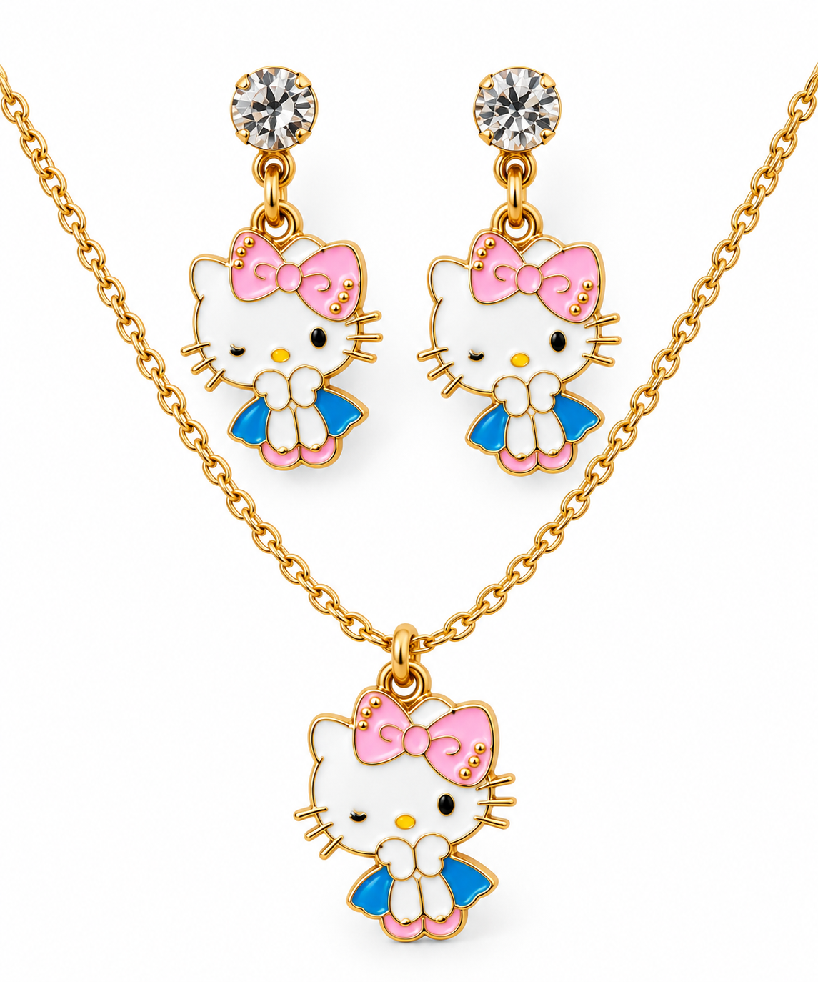 Parure Bijoux Hello Kitty Dorée – Collier et Boucles d’Oreilles 🎀✨