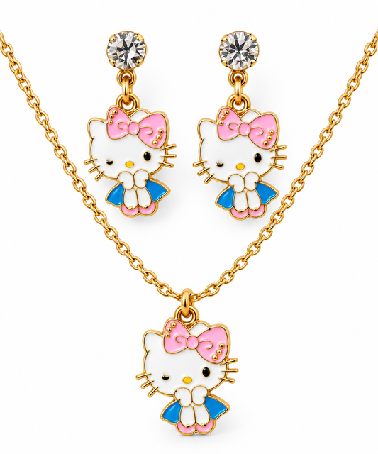 Parure Bijoux Hello Kitty Dorée – Collier et Boucles d’Oreilles 🎀✨