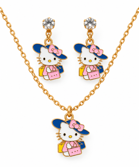 Parure Bijoux Hello Kitty Fashion – Collier et Boucles d’Oreilles Dorés 🎀💖