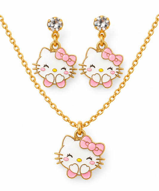 Parure Bijoux Hello Kitty Rose – Collier et Boucles d’Oreilles Dorés 🎀💗