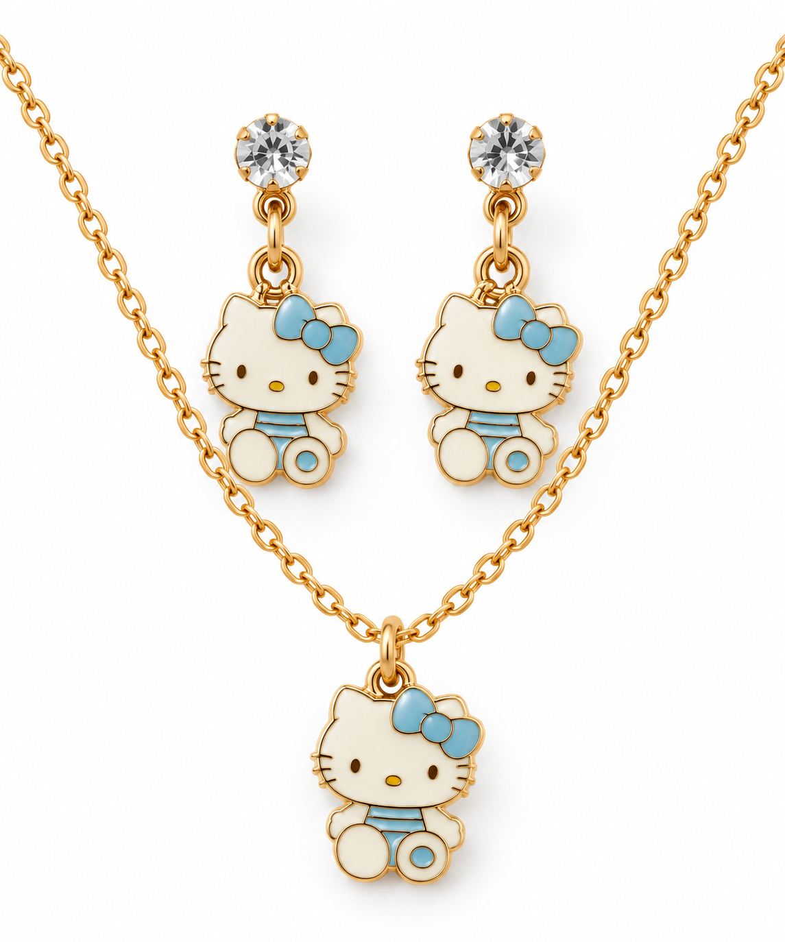 Parure Bijoux Hello Kitty Bleu Pastel – Collier et Boucles d’Oreilles Dorés 🎀💙