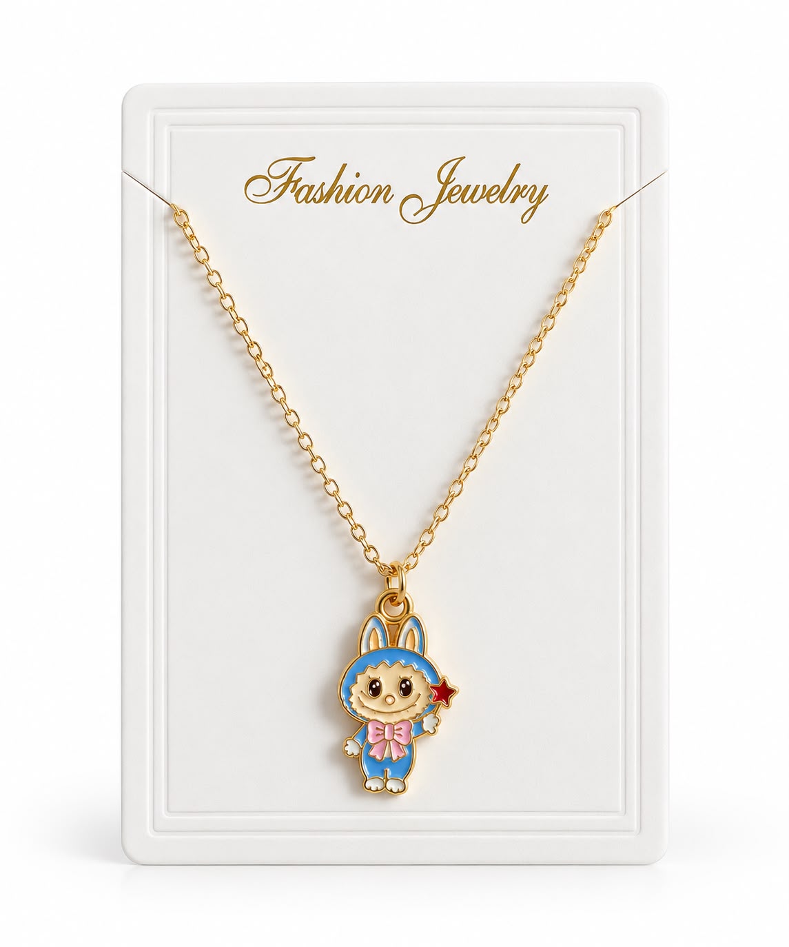 Collier Doré Kawaii avec Pendentif Lapin Bleu et Nœud Rose