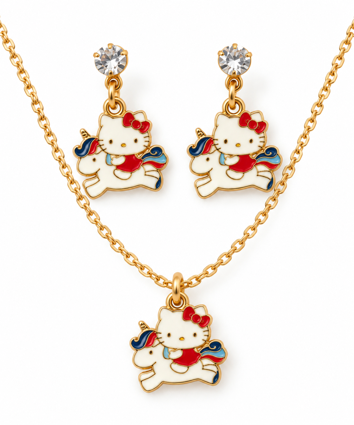 Parure Bijoux Hello Kitty Licorne – Collier et Boucles d’Oreilles Dorés 🦄💖
