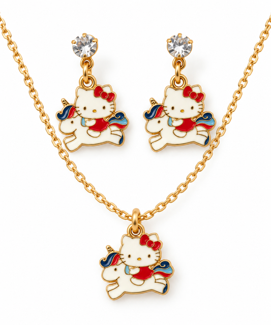 Parure Bijoux Hello Kitty Licorne – Collier et Boucles d’Oreilles Dorés 🦄💖