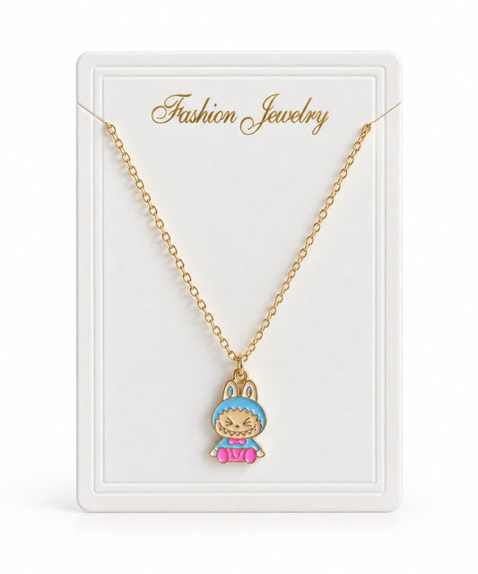 Collier Doré Kawaii avec Pendentif Lapin Bleu et Rose