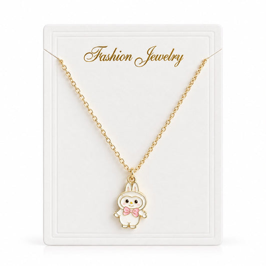 Collier Doré Kawaii avec Pendentif Lapin Blanc et Nœud Rose