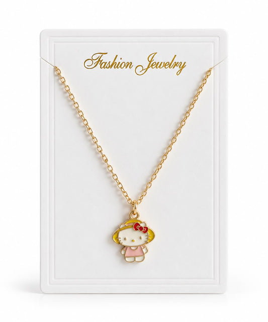 Collier Doré Hello Kitty avec Pendentif Rose et Nœud Rouge