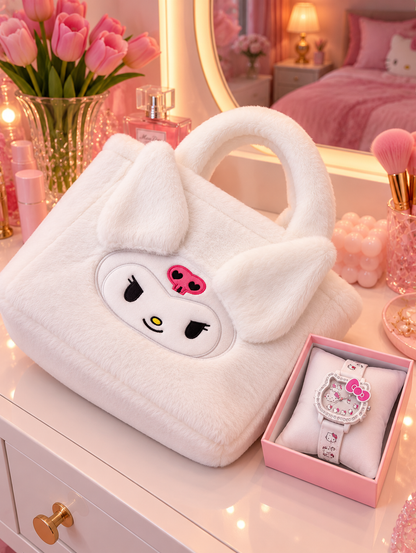 Sac à Main Kuromi en Peluche avec Montre Kawaii pour Fille