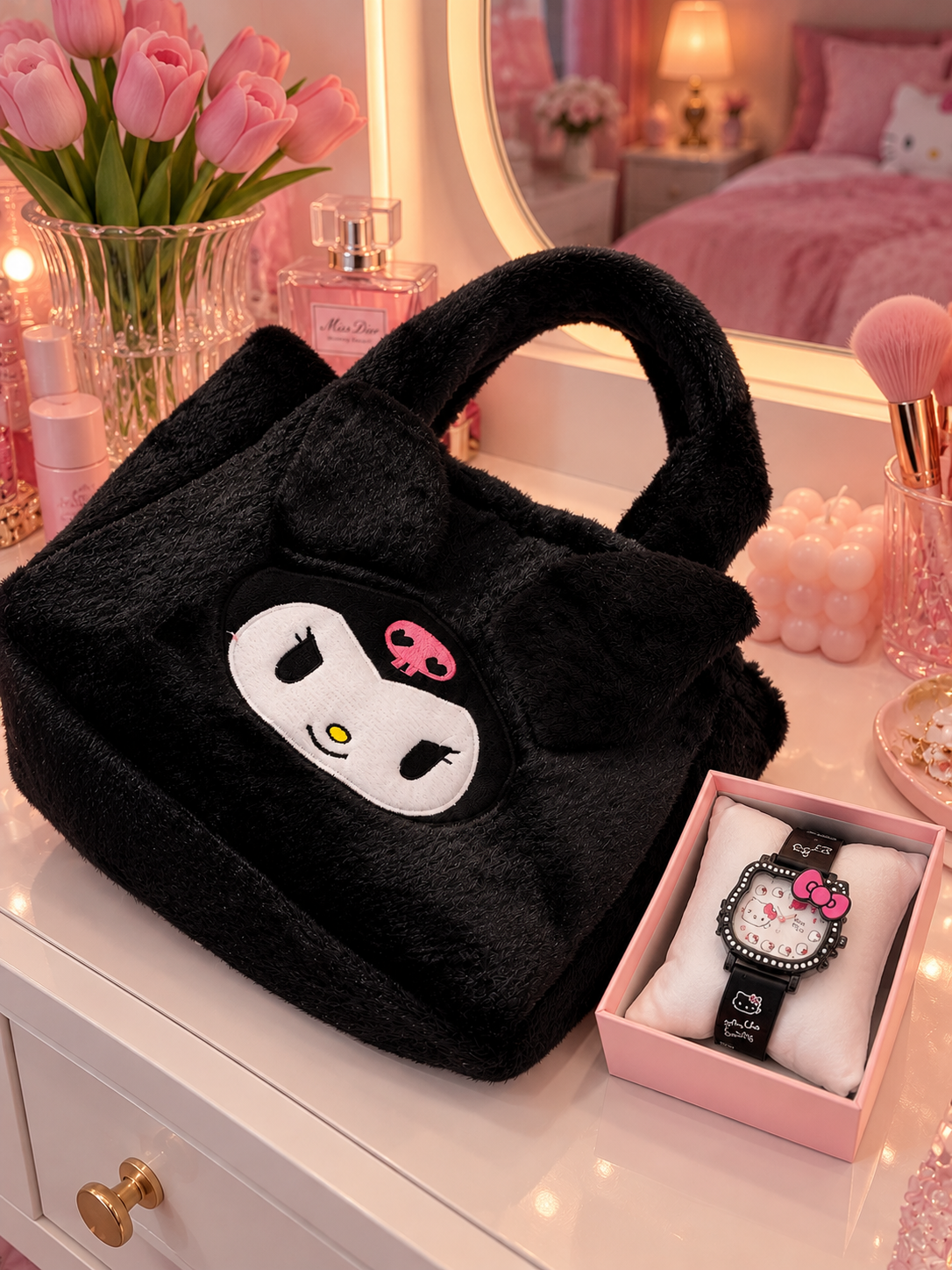 Sac à Main Kuromi en Peluche avec Montre Kawaii pour Fille