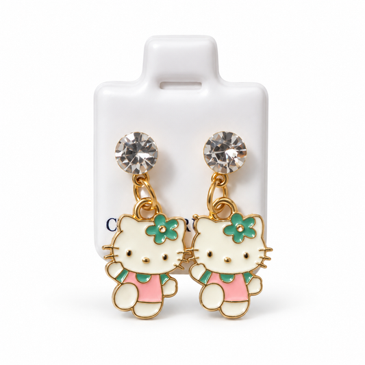 Boucles d’Oreilles Hello Kitty Dorées avec Strass et Fleur Turquoise