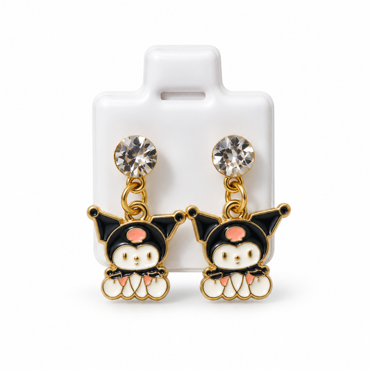 Boucles d’Oreilles Kuromi Dorées avec Strass – Style Kawaii