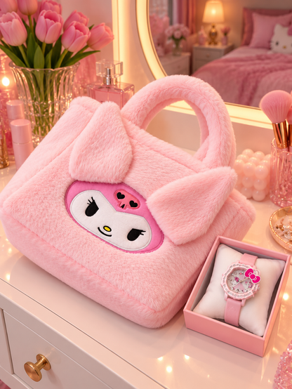 Sac à Main Kuromi en Peluche avec Montre Kawaii pour Fille