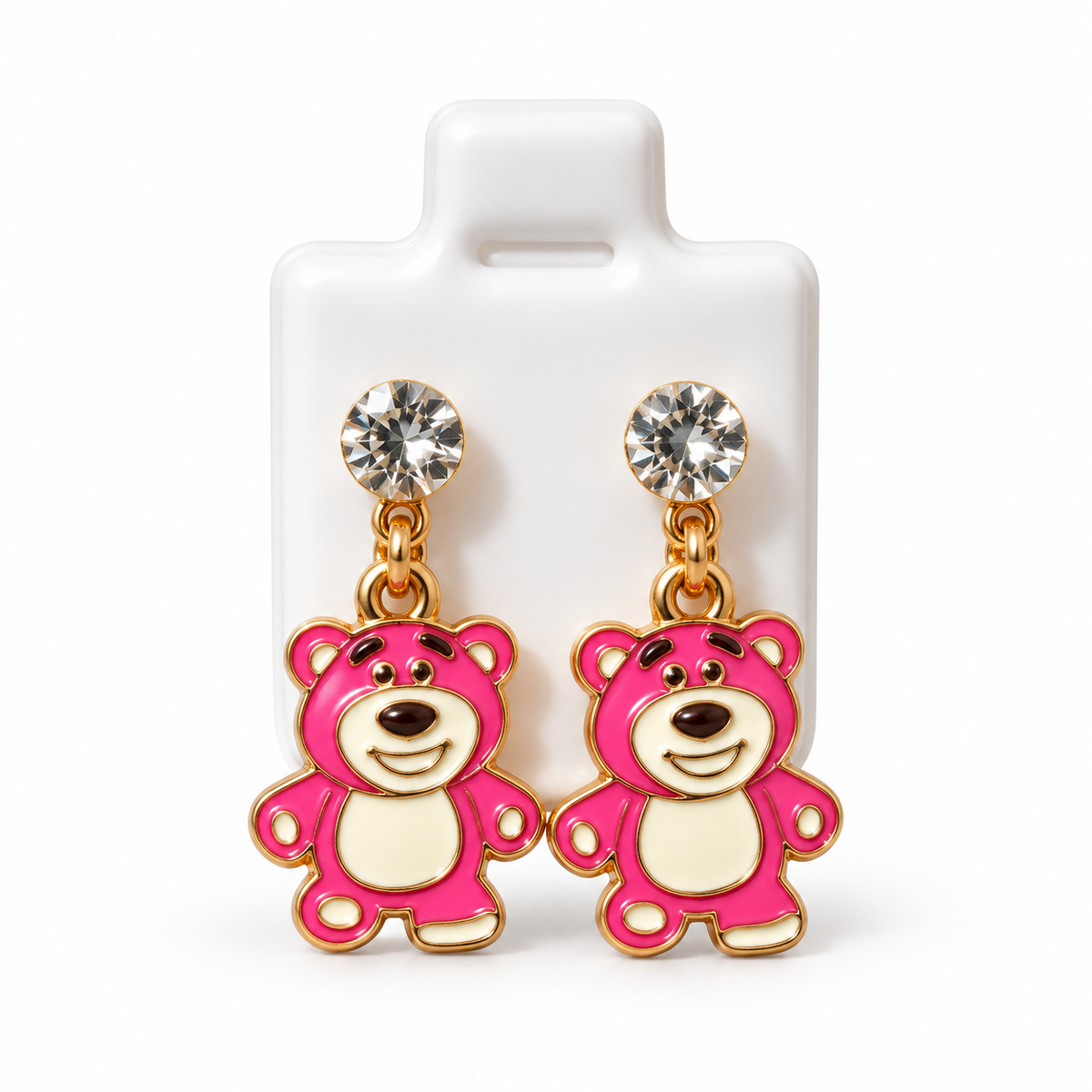 Boucles d’Oreilles Ourson Rose avec Strass – Finition Dorée