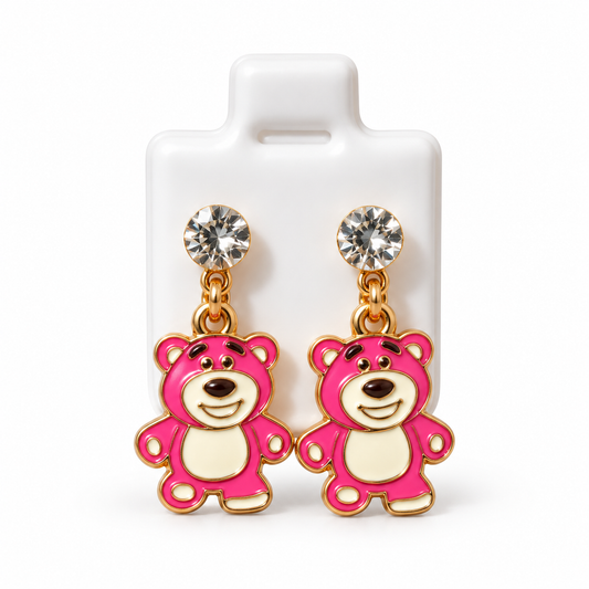 Boucles d’Oreilles Ourson Rose avec Strass – Finition Dorée