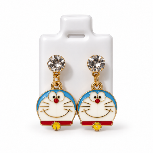 Boucles d’Oreilles Doraemon Dorées avec Strass – Style Kawaii