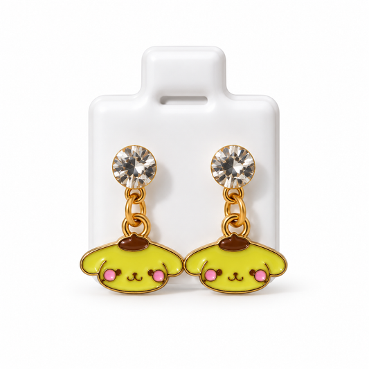 Boucles d’Oreilles Pompompurin Dorées avec Strass – Style Kawaii