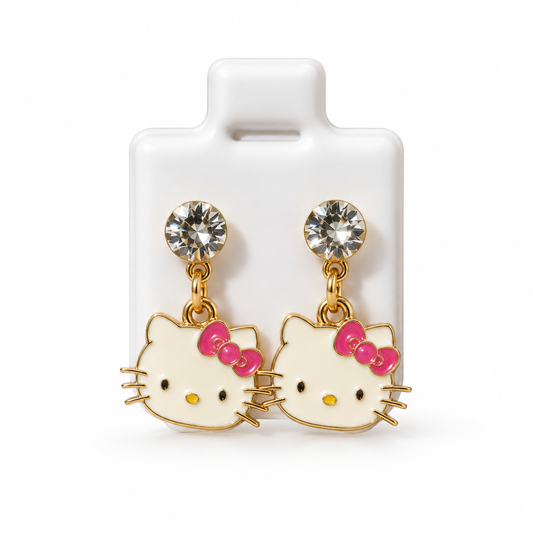Boucles d’Oreilles Hello Kitty Dorées avec Nœud Rose et Strass