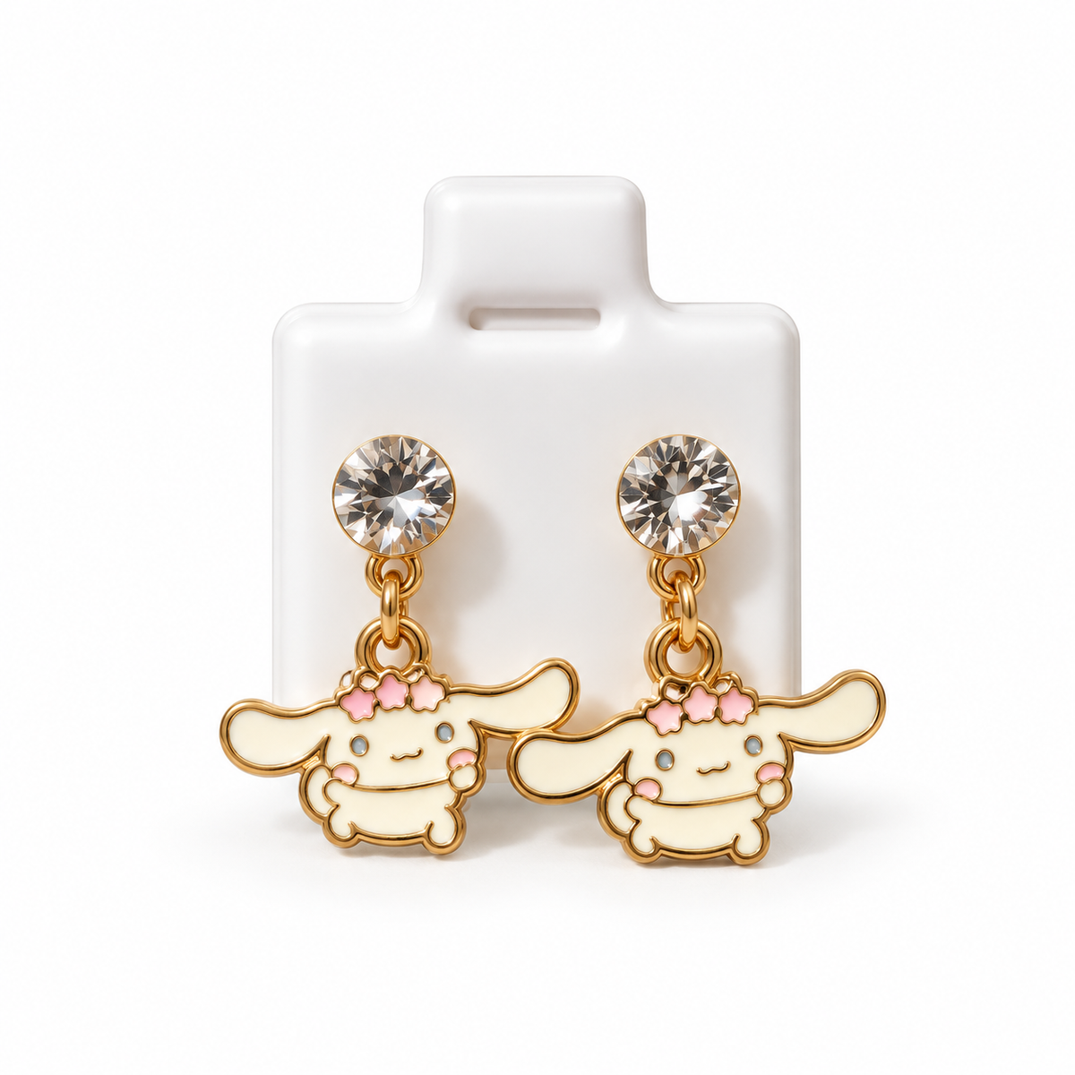 Boucles d’Oreilles Cinnamoroll Dorées avec Fleurs Roses – Style Kawaii