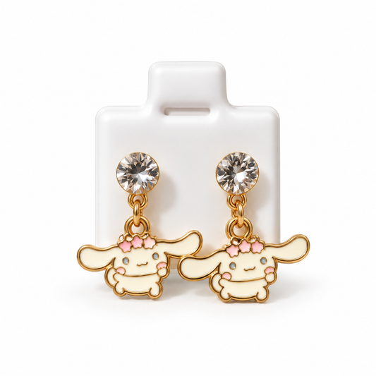 Boucles d’Oreilles Cinnamoroll Dorées avec Fleurs Roses – Style Kawaii