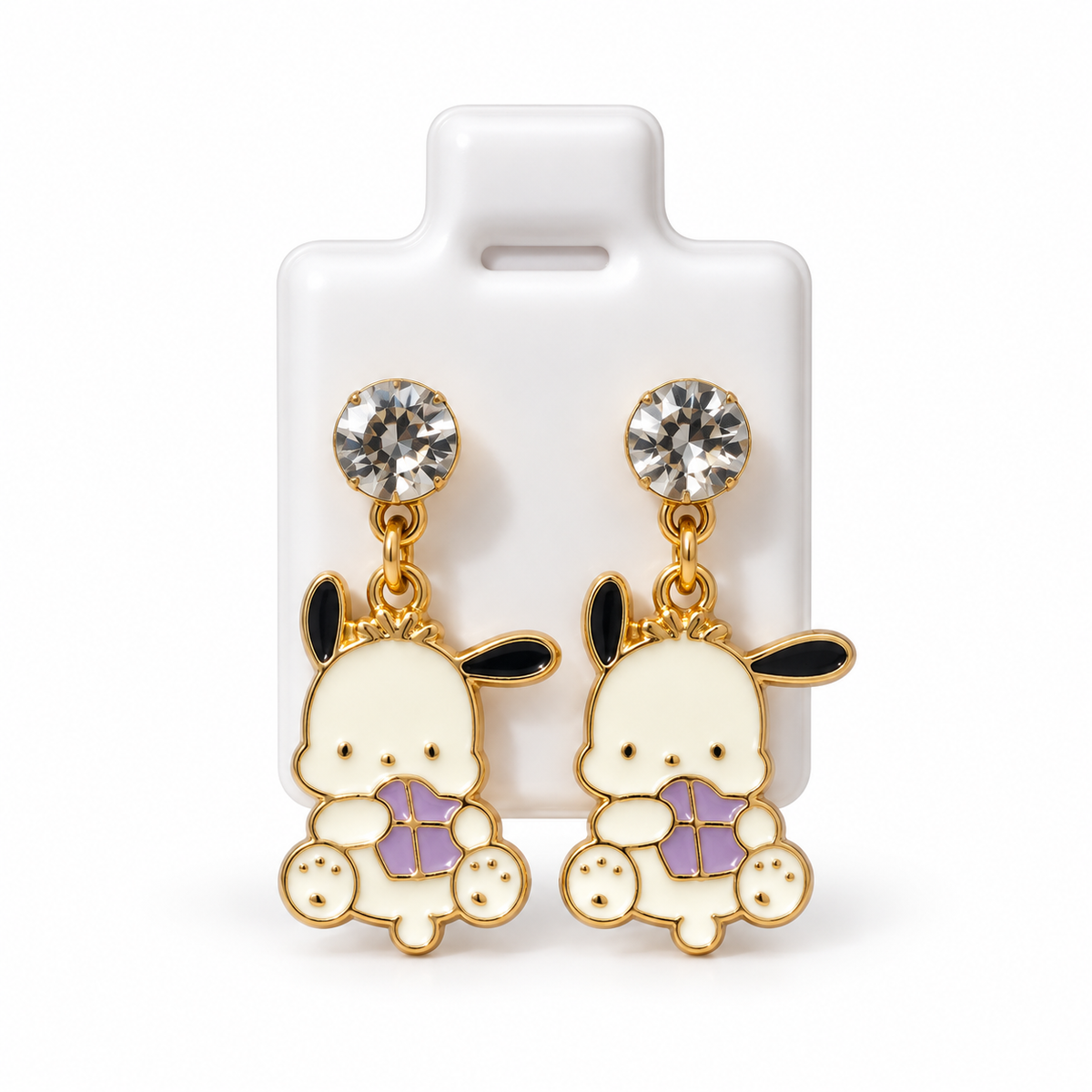Boucles d’Oreilles Pochacco Dorées avec Strass – Style Kawaii