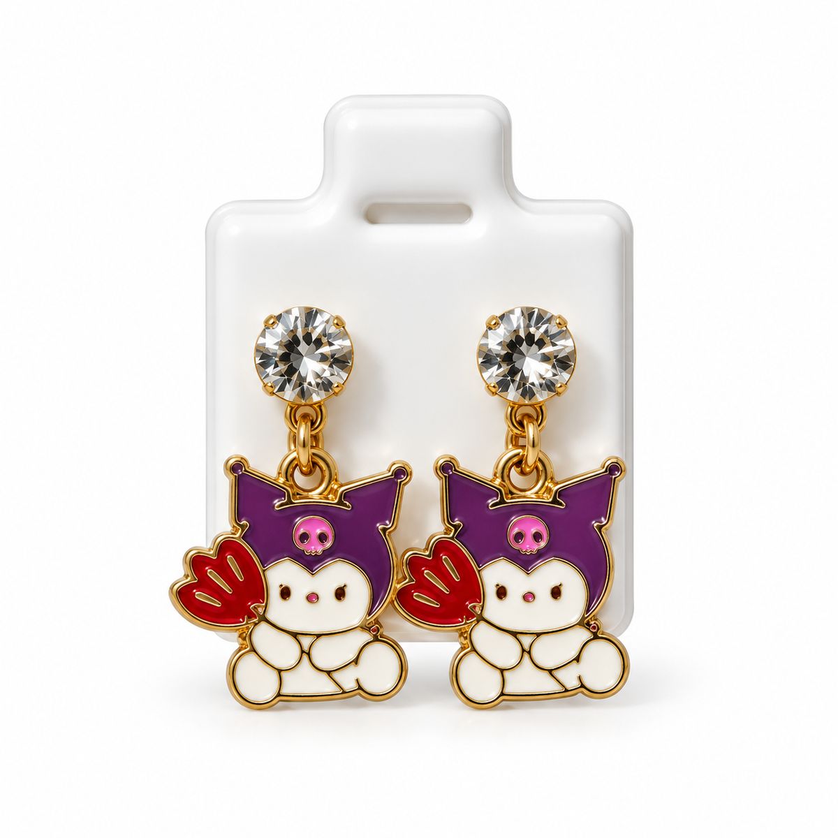 Boucles d’Oreilles Kuromi Dorées avec Strass et Cœur Rouge